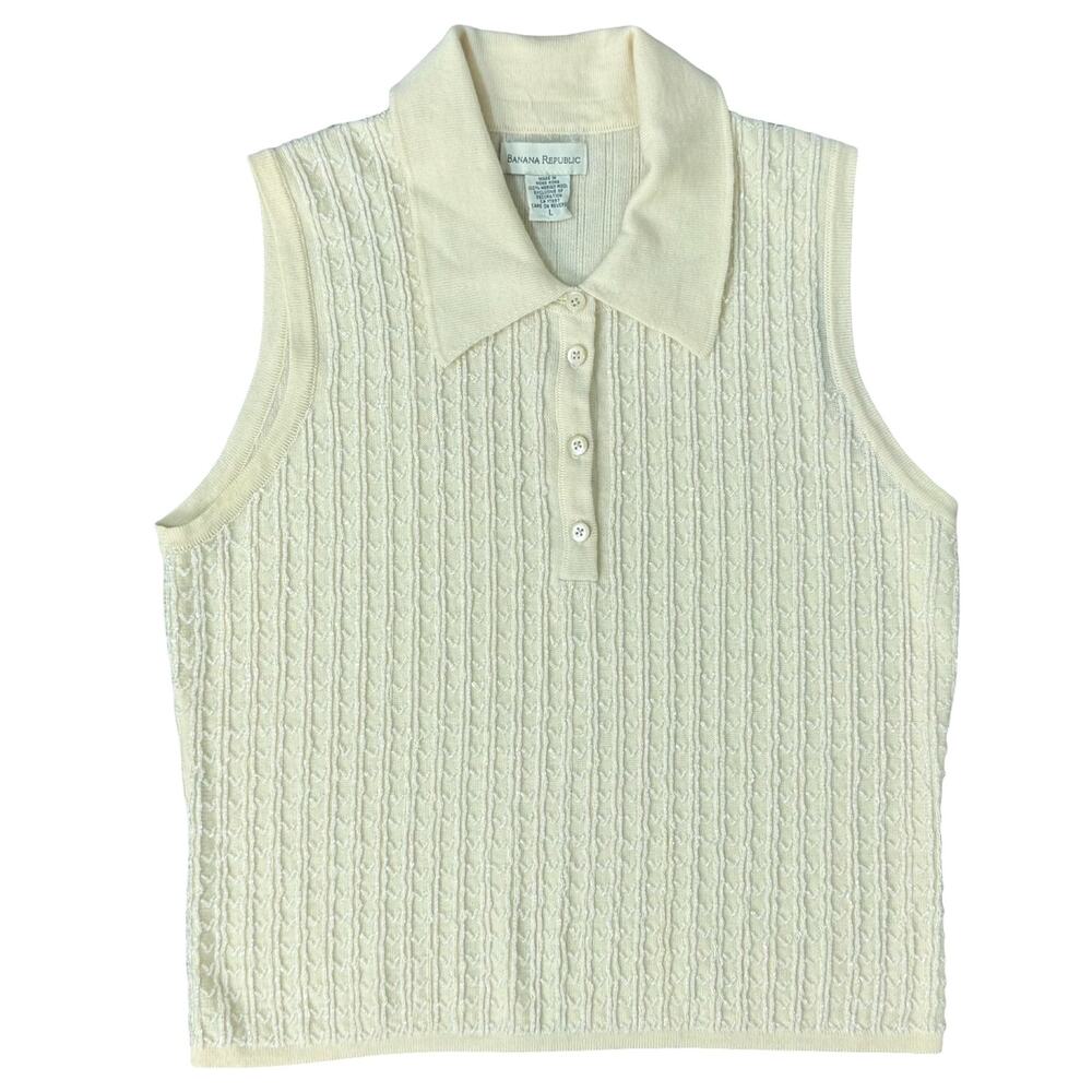 Vintage Banana Republic Cream Merino Wool Beaded Sleeveless Polo Sweater Tank L - Picture 2 of 10